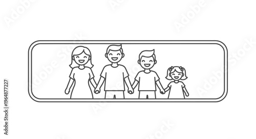 Minimalist outline illustration of a joyous family of four holding hands, symbolizing strong