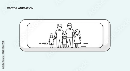 Modern Line Art Illustration Depicting a Happy Family Unit of Five Standing Together Holding Hands