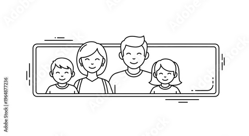 Smiling family line art portrait parents and two children capturing joy together on screen