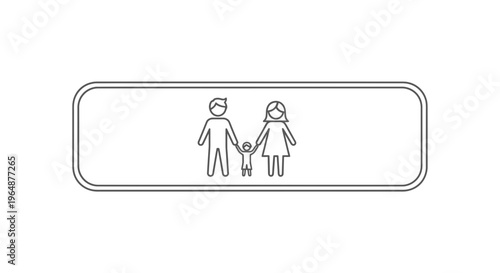 Minimalist line art icon representing a nuclear family unit with parents and child embracing unity