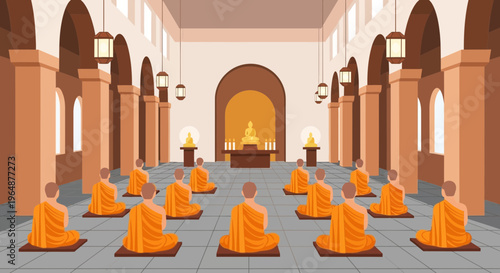 Monks in orange robes sitting.