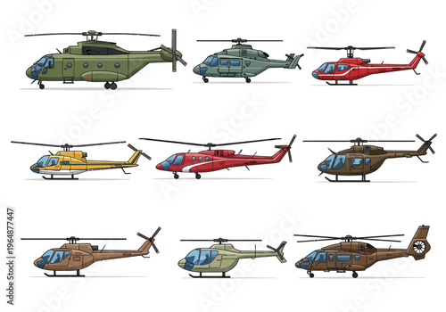 Set of 9 Helicopter Illustrations including Military, Rescue, and Civilian Models Isolated on White Background