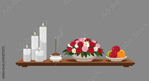 Still life with flowers and fruit.