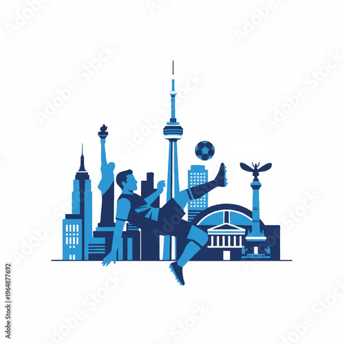 Minimalist flat vector illustration of a professional soccer player performing a bicycle kick against a background of simplified skyscrapers from New York, Toronto, and Mexico City. High amount