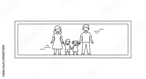 Minimalist outline depiction of a joyful four-person family, embracing togetherness and unity