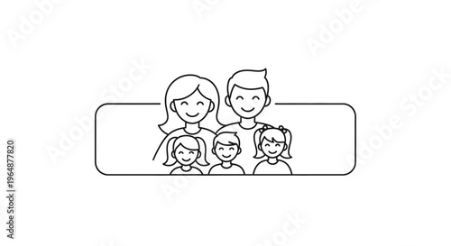 Minimalist line art illustration portraying a cheerful family of five smiling together in a simple