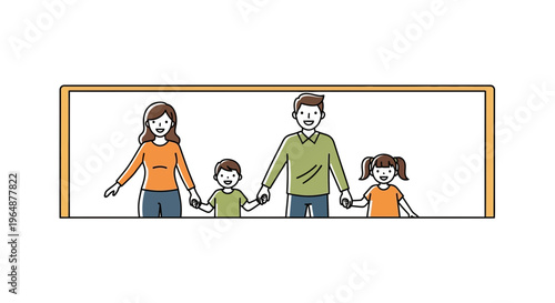 Cheerful modern family graphic depicting parents and two children holding hands with a smile