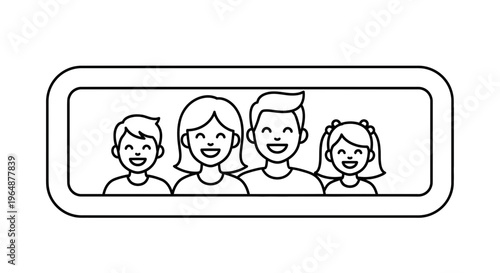 A charming monochrome line illustration depicting a happy smiling family of four in a simple frame