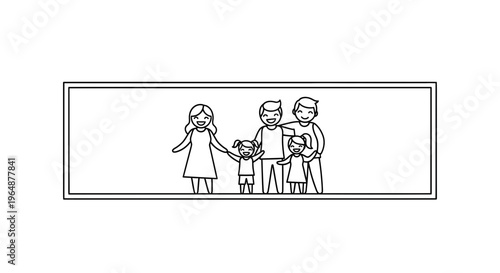 Joyful five-member family line art illustration depicting togetherness and happiness minimal design