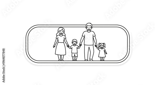 Stylized monochrome vector art portraying parents and kids in a unified heartwarming embrace