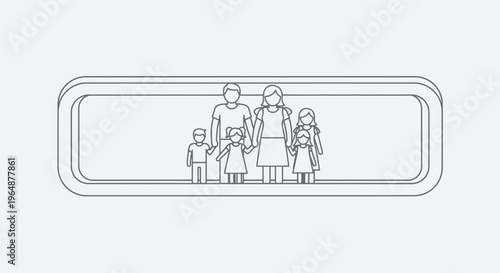 Outline illustration of a cohesive family unit with parents and three children holding hands