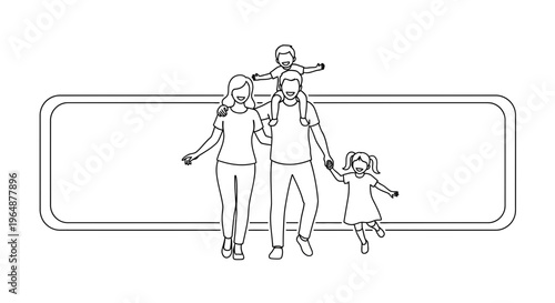 Joyful outline illustration of a family walking together with children and a blank text frame