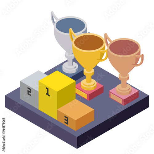 表彰台と金銀銅トロフィーのアイソメトリックイラスト