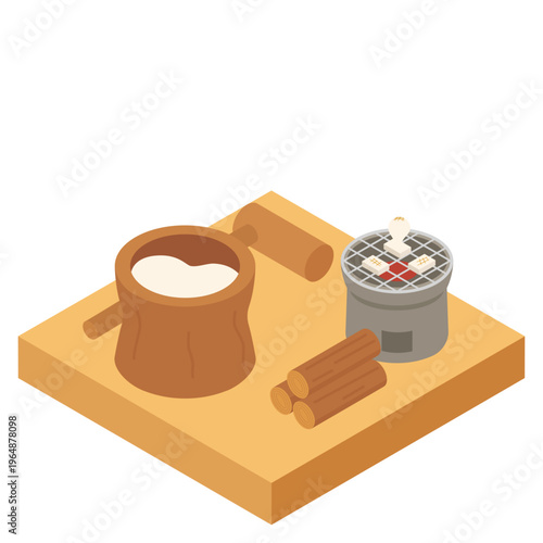 餅つきと七輪で焼かれた餅のアイソメトリックイラスト