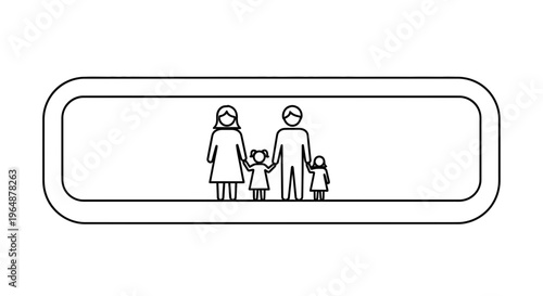 Modern minimalist line art family symbol showcasing parents with two children holding hands within