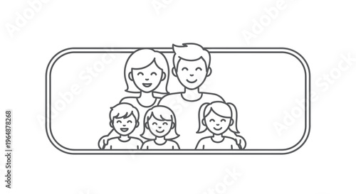 Cheerful family portrait outline illustration featuring parents and two children within a simple