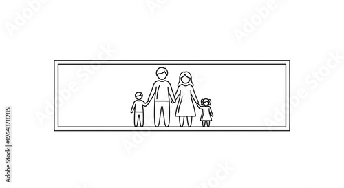 A simple black outline illustration of a loving family unit standing together in a neat frame