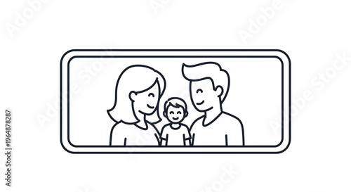 A heartwarming simple line art illustration of a happy smiling family unit with parents and their