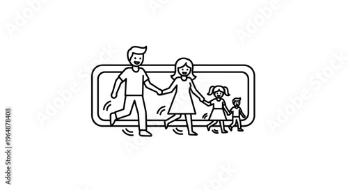 Happy family adventure line art graphic illustration depicting togetherness and childhood joy