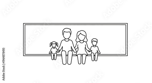 Minimalist outline drawing of a cohesive family of four, depicting parents and children seated,