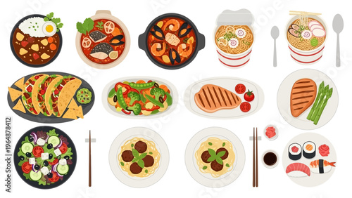 Variety of delicious dishes served on plates and bowls, showcasing diverse cuisines from around the world