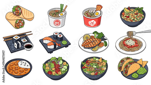 Collection of popular international dishes and fast food items illustrated on a white background