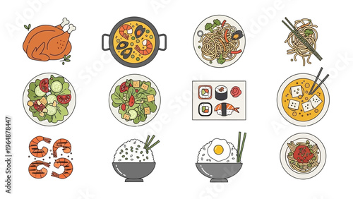 Collection of delicious food illustrations including roasted chicken, paella, sushi, noodles, and soup