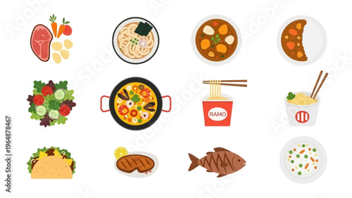 Diverse selection of delicious food items, including meat, fish, vegetables, and various cuisines