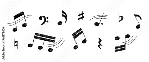Set of musical notes drawn in hand sketch pencil style. Artistic vector illustration with shaded strokes isolated on transparent background, ideal for music design, decoration, and creative projects