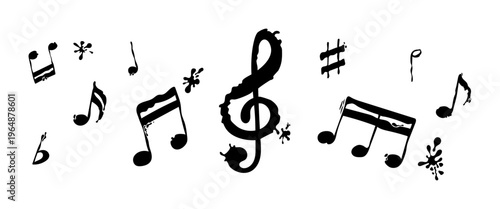 Set of musical notes painted in hand drawn watercolor style. Artistic vector illustration with brush strokes isolated on transparent background, ideal for music design and creative projects