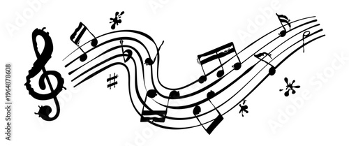 Musical staff with notes painted in hand drawn watercolor style. Artistic vector illustration with brush strokes isolated on transparent background, ideal for music design and creative projects