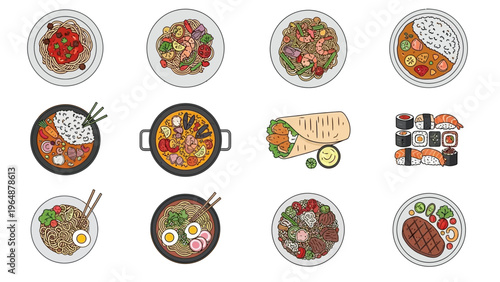 Assortment of delicious and diverse international food dishes presented in a top-down view