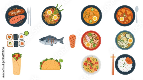 Assortment of delicious and diverse international cuisine dishes presented as a vibrant flat lay illustration