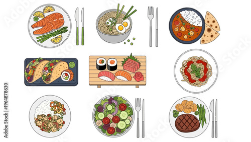 A vibrant collection of diverse dishes, featuring global cuisines and fresh ingredients served on plates