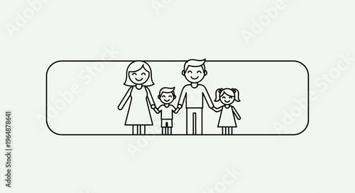 Joyful outline illustration of a nuclear family unit holding hands within a rounded frame graphic