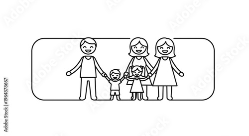 Minimalist black and white outline drawing depicting a happy diverse family unit connection