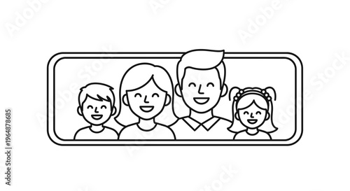 A cheerful minimalist illustration of a family portrait with parents and two happy children