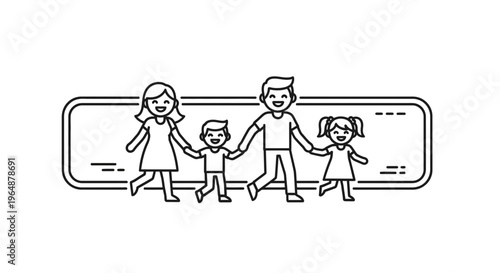 Joyful family outline illustration depicting parents and children holding hands walking happily