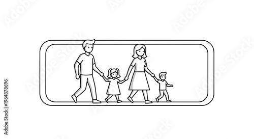 Minimalist family stroll outline art depicting unity, care, and joyful childhood moments together