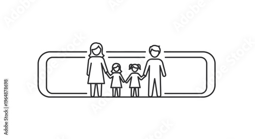 Minimalist outline illustration of a nuclear family unit, parents with two children holding hands