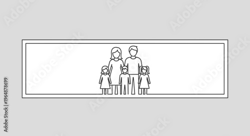 Minimalist outline illustration of a complete nuclear family with parents and three children