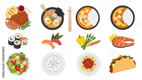 An assortment of delicious and diverse dishes from around the world, showcasing culinary variety