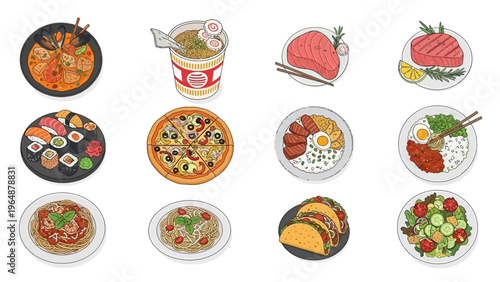 Variety of delicious food dishes from around the world, including noodles, sushi, pizza, and tacos, presented in a vibrant illustration style