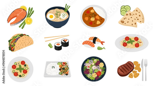 Collection of diverse international dishes and cuisines, showcasing a variety of culinary delights