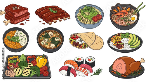 A diverse collection of delicious food illustrations, including meat, vegetables, and asian cuisine
