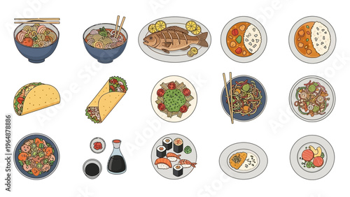 Diverse collection of Asian and Mexican food dishes including ramen, tacos, sushi, and curry