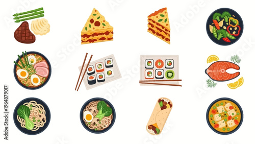 Various delicious food dishes and ingredients from different cuisines, presented in a flat design style