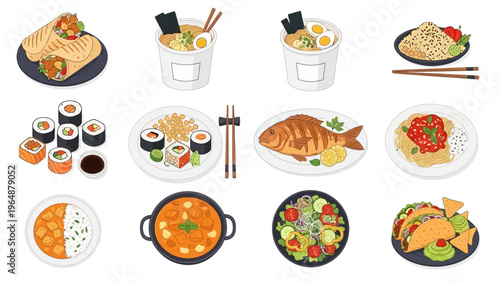 A diverse collection of delicious global cuisine dishes, beautifully illustrated for culinary inspiration