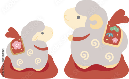 年賀2027　未年の年賀状素材　羊の親子の土鈴イラスト　かわいい　アイコン　飾り　シンプル　縁起物