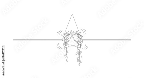 Minimalist Line Art Illustration of a Charming Potted Houseplant Gently Swaying on a Pristine